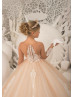 Long Sleeve Champagne Lace Tulle Floor Length Buttons Back Flower Girl Dress